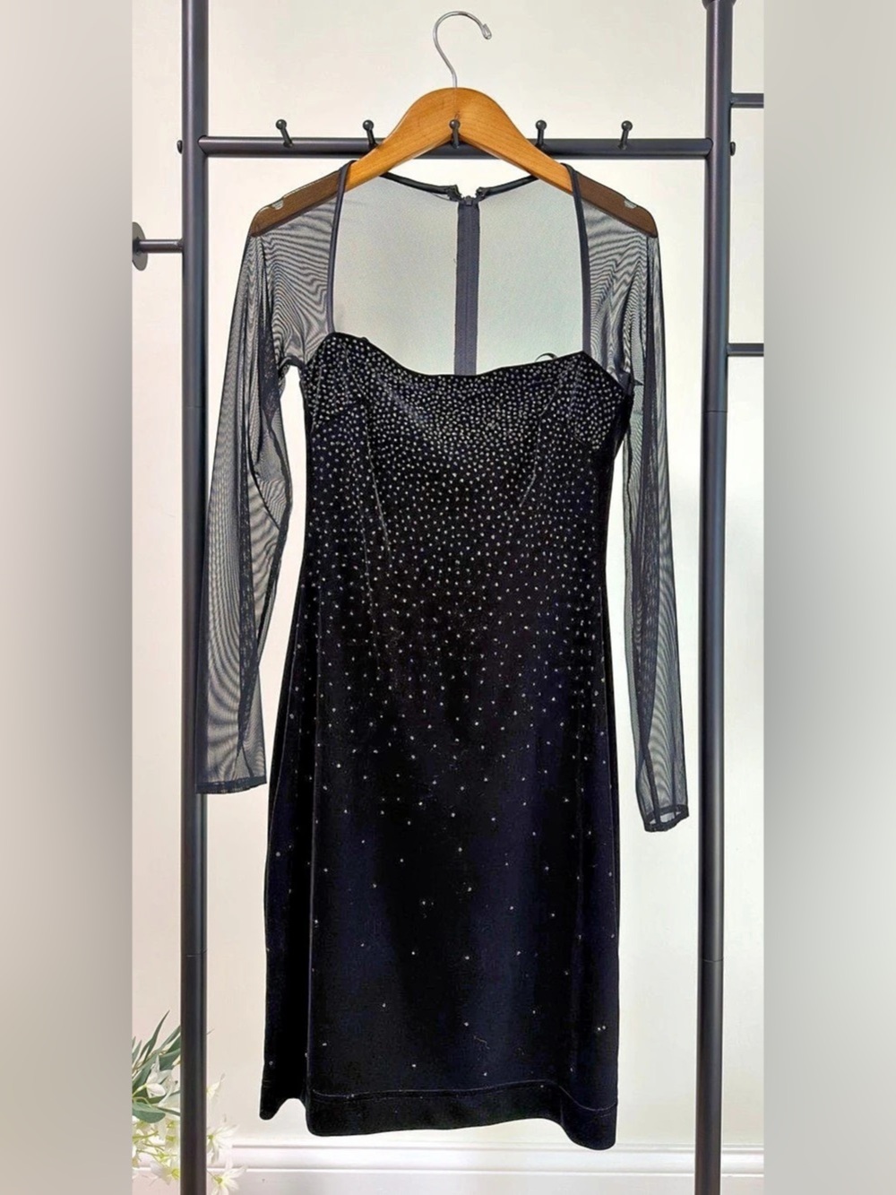 Vintage Tadashi Black Velvet Rhinestone Mesh Sleeve Mini Dress S UK Size 8